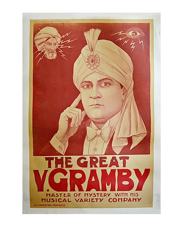 Афиша The Great V. Gramby: гипнотизёр в тюрбане, всевидящее око и молнии, парижская литография начала XX века